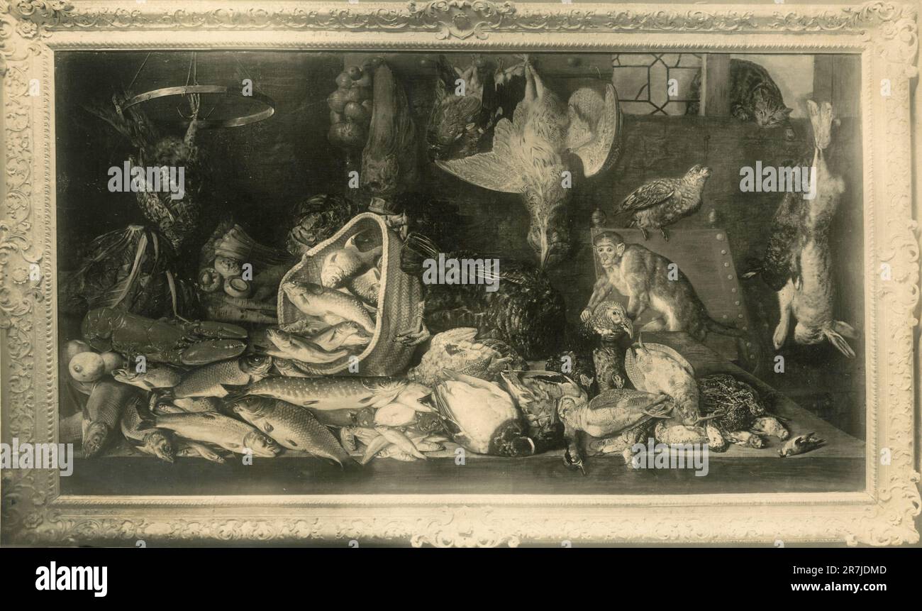 Encore la vie avec des animaux morts et vivants, peinture par un artiste non identifié, 1900s Banque D'Images
