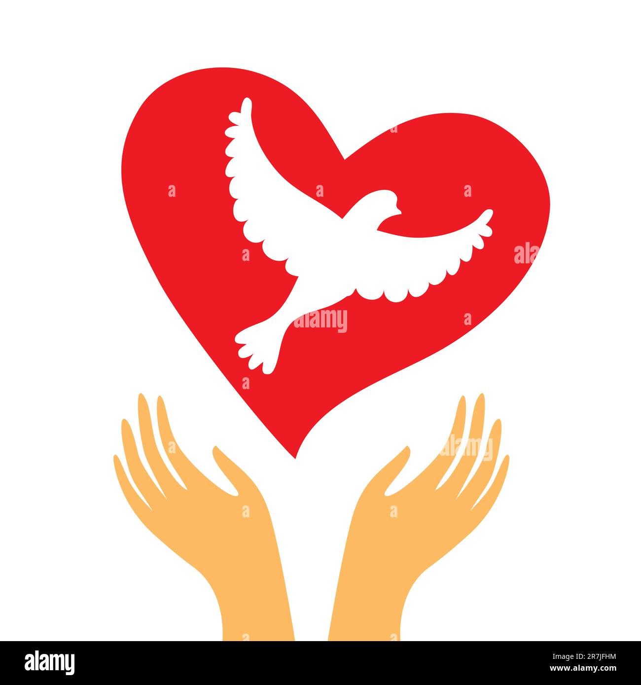 Le signe de la paix et de l'amour - le coeur et une colombe entre ses mains. Illustration de Vecteur