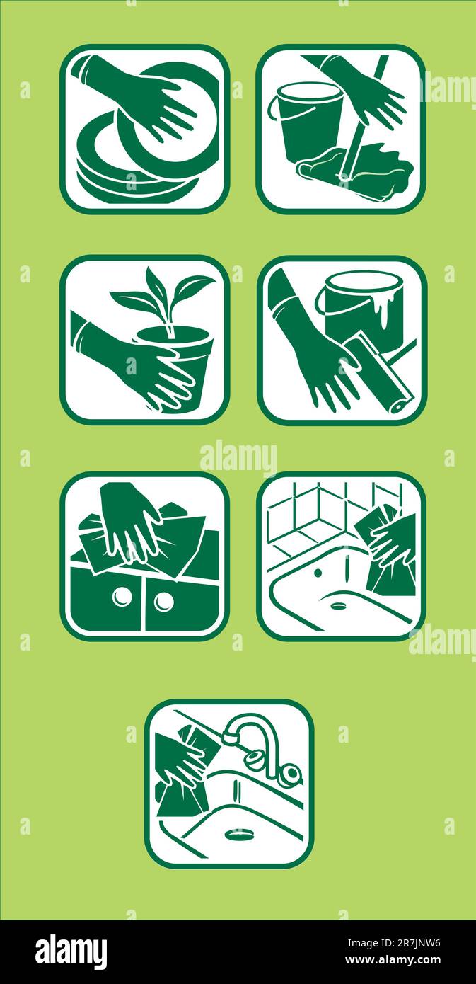 Vecteur du jeu d'icônes. Nettoyage domestique. Conception écologique. Illustration de Vecteur