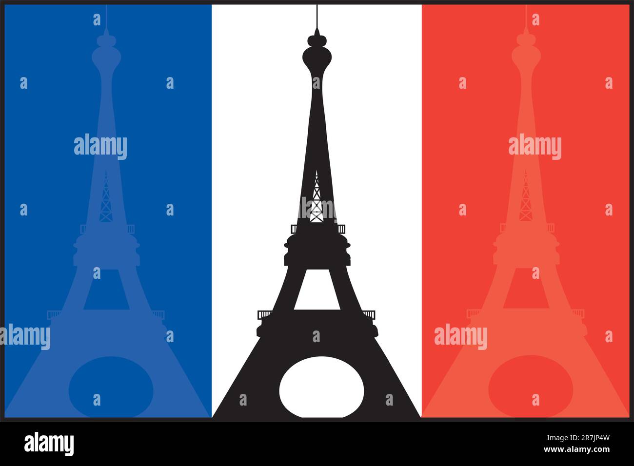 Un drapeau Français avec des silhouettes de la Tour Eiffel dans chaque
