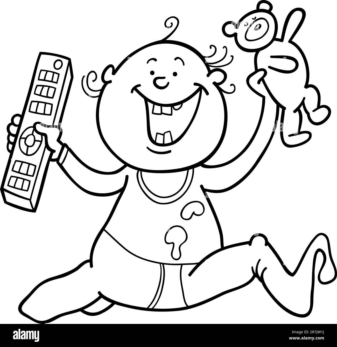 Illustration de bébé garçon avec télécommande et ours pour Coloring Book Illustration de Vecteur