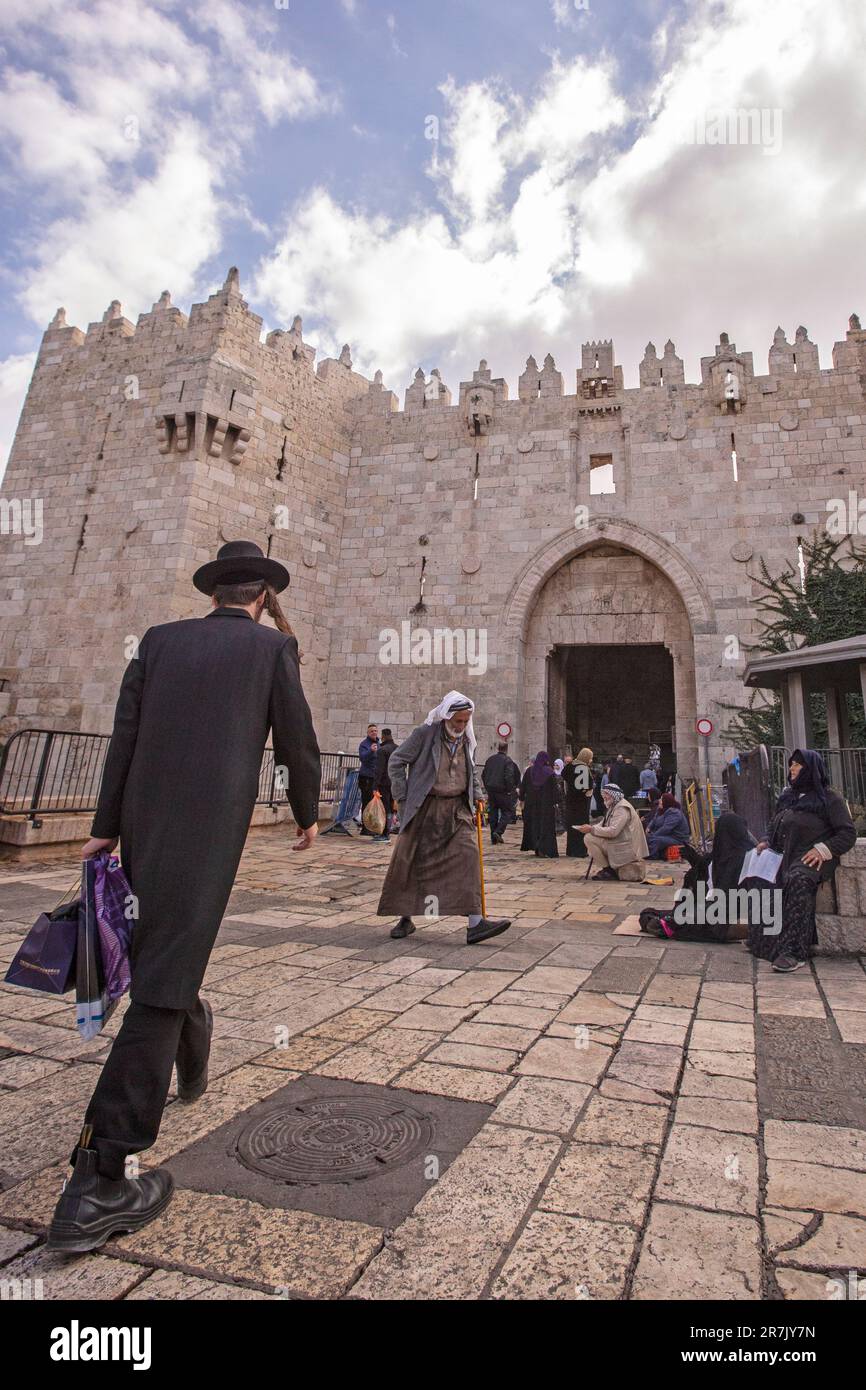La porte de Damas, Bāb al-ʿĀmūd (باب العامود), Jérusalem, Vieille ville Banque D'Images