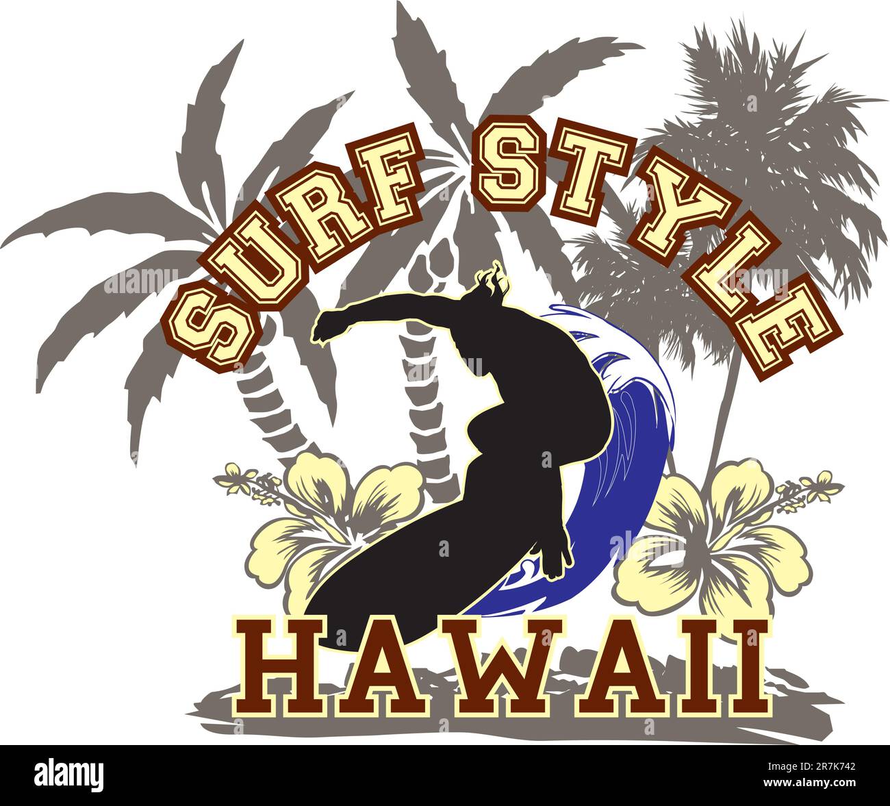 homme surfant sur une vague île d'hawaï, avec des arbres et des fleurs typiques de l'endroit Illustration de Vecteur
