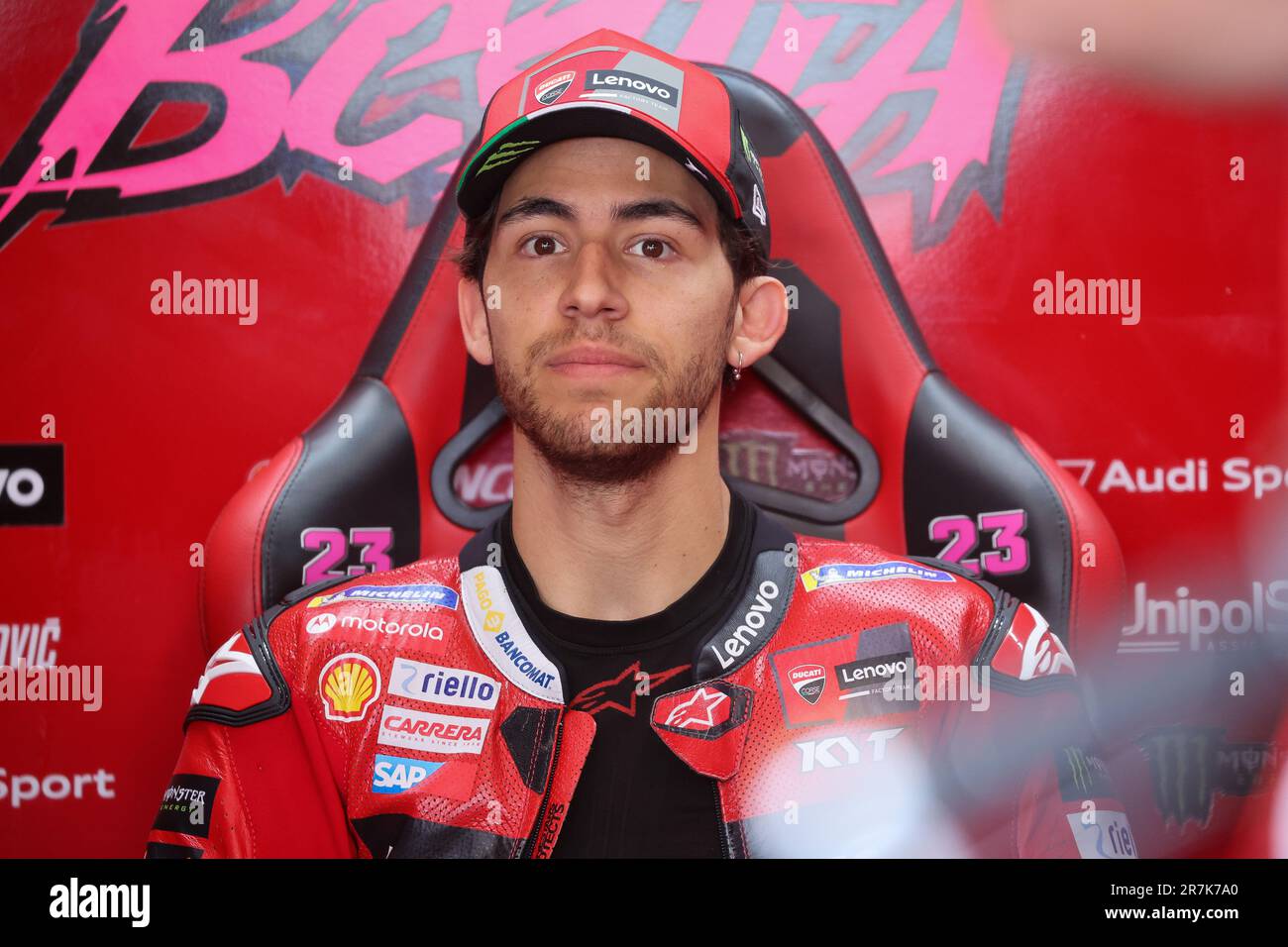 Hohenstein Ernstthal, Allemagne. 16th juin 2023. Motorsport/moto, Grand Prix d'Allemagne, MotoGP 1st pratique au Sachsenring. ENEA Bastianini de l'Italie de l'équipe Ducati Lenovo se trouve dans les fosses. Credit: Jan Woitas/dpa/Alay Live News Banque D'Images