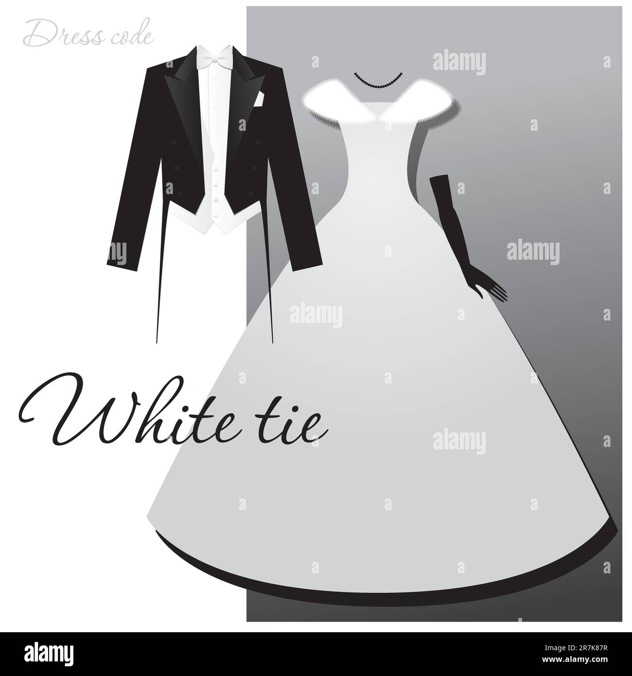Code vestimentaire : cravate blanche. Homme - queues, gilet léger et noeud blanc, une femme - une robe de bal ou de soirée, de longs gants et une cape à fourrure. Illustration de Vecteur