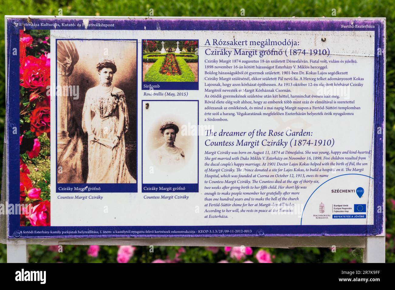 Panneau d'information dans la comtesse Margit Cziraky Rose Garden, fondée en 1908, Palais Esterhazy, Fertod, Hongrie Banque D'Images