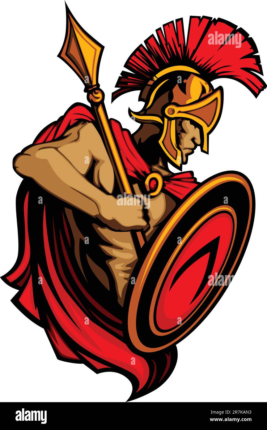 Spartiate grecque ou mascotte de cheval de Troie tenant un bouclier et une lance Illustration de Vecteur