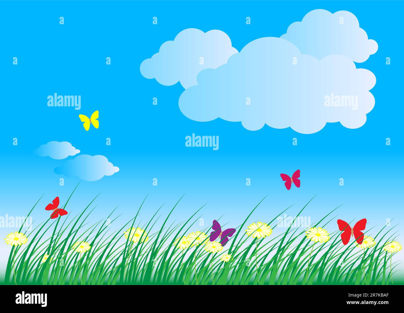 Été - printemps Nature Contexte : L'herbe, papillons, fleurs Daisy et Ciel Bleu Illustration de Vecteur