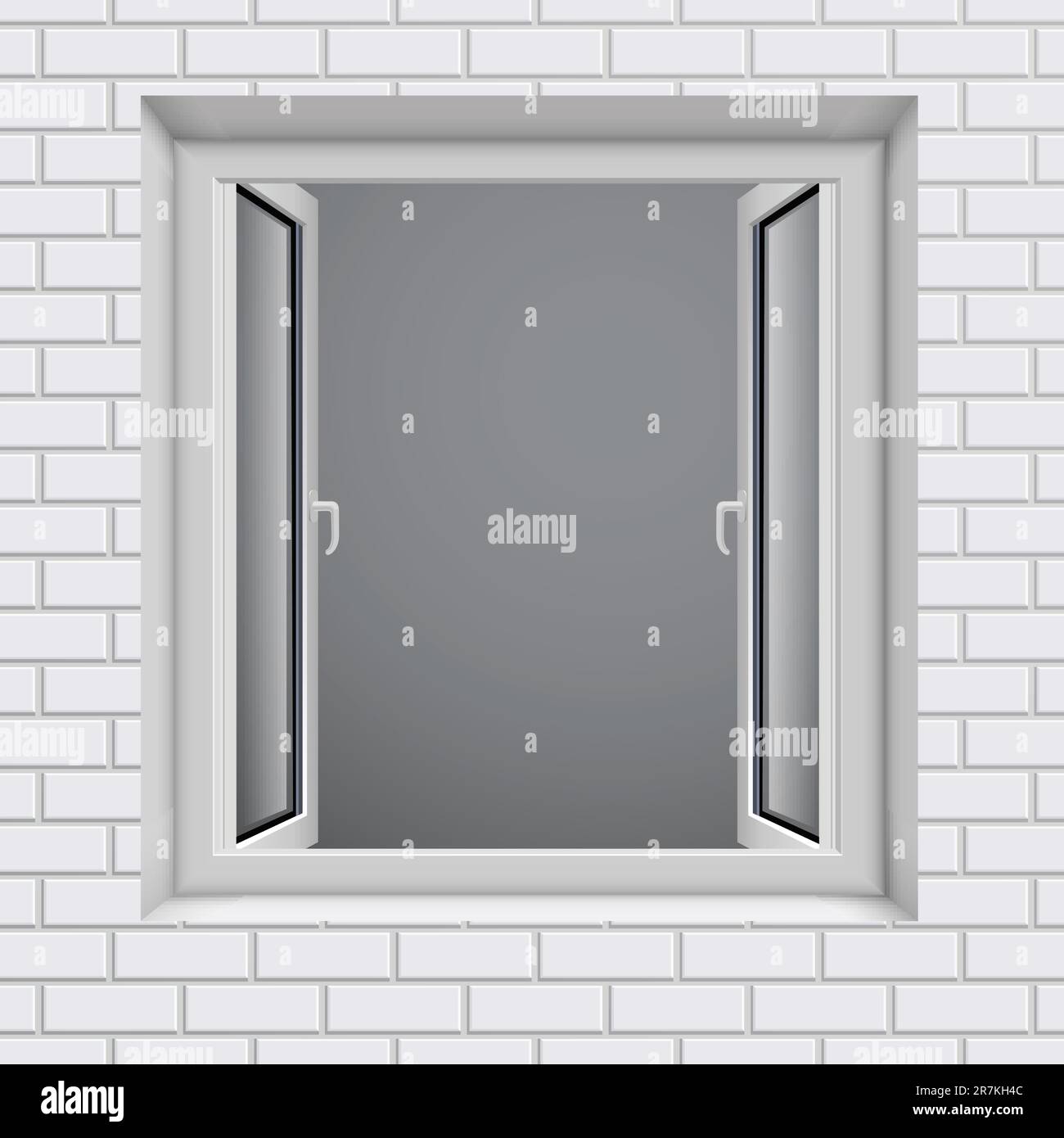 Fenêtre en plastique ouverte dans un mur en brique blanche. Illustration vectorielle. Illustration de Vecteur