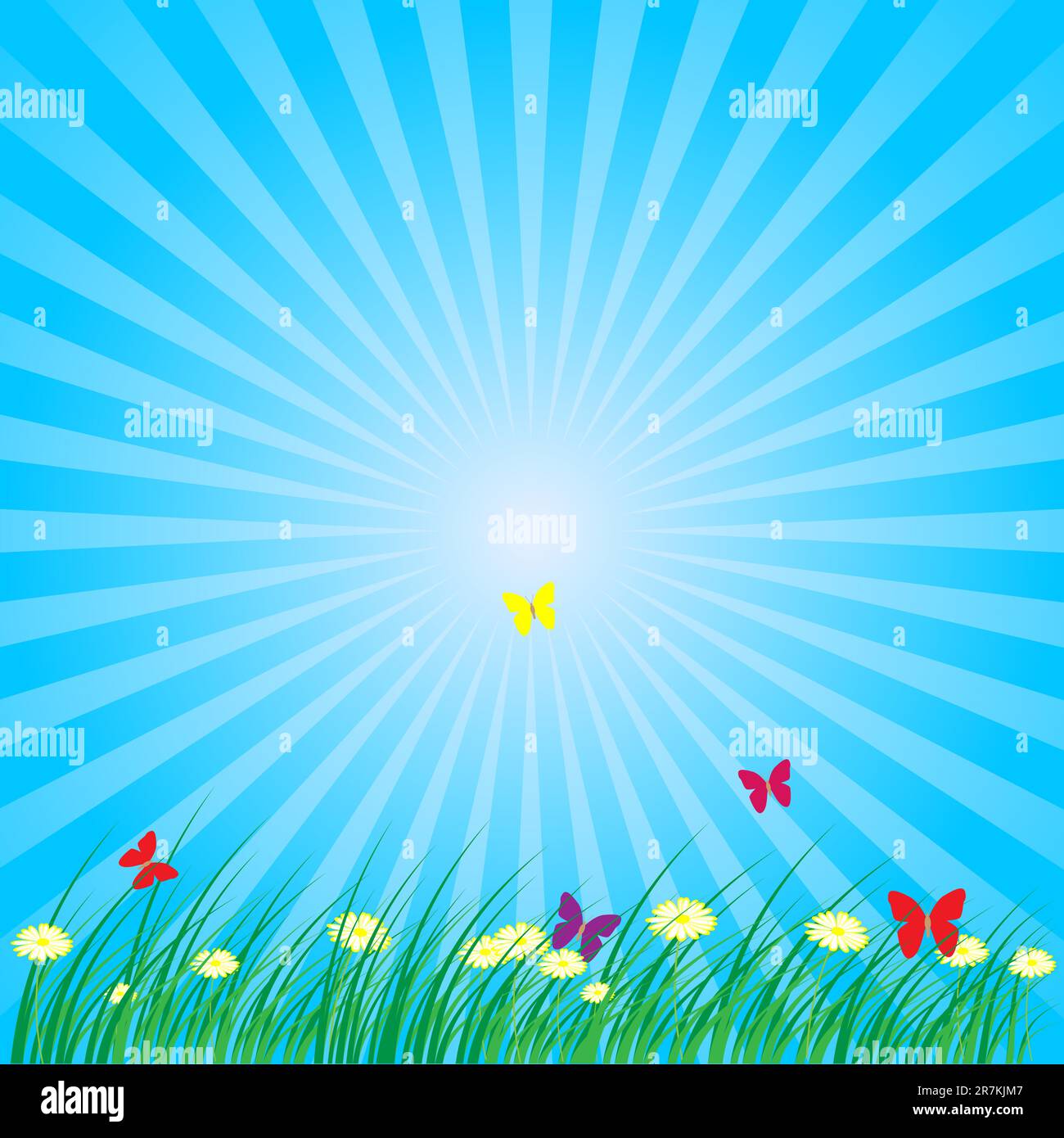 Été - printemps Nature Contexte : L'herbe, papillons, fleurs marguerites sur fond bleu Illustration de Vecteur