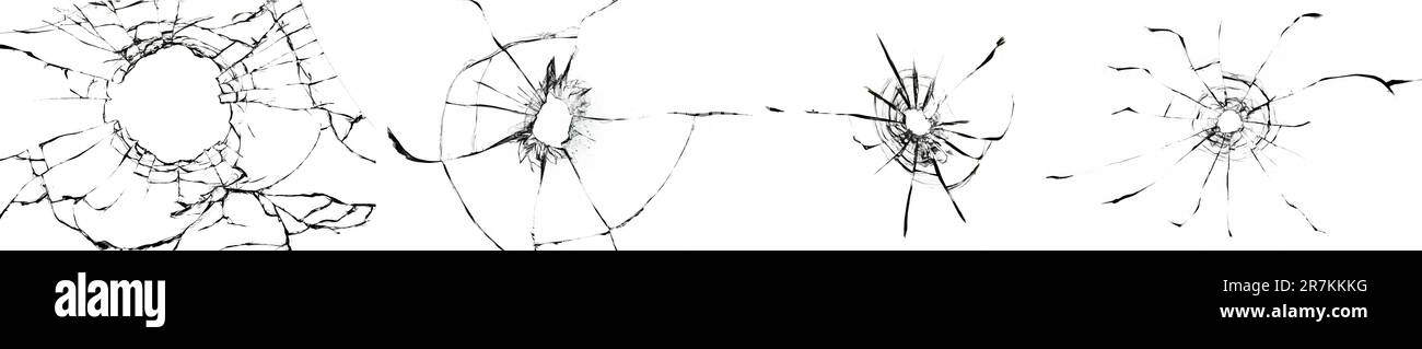 Texture des fissures de verre d'un coup de pistolet. Trou de balle dans la fenêtre, texture isolée sur fond blanc. Banque D'Images