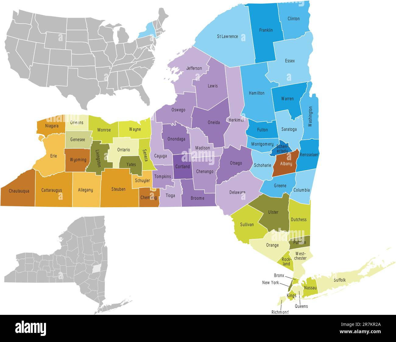 Carte du comté de l'État de New York. Le fichier EPS contient des couches séparées avec le nom du comté, les limites et la couche avec les comtés. Mapper la source à partir du domaine public :... Illustration de Vecteur