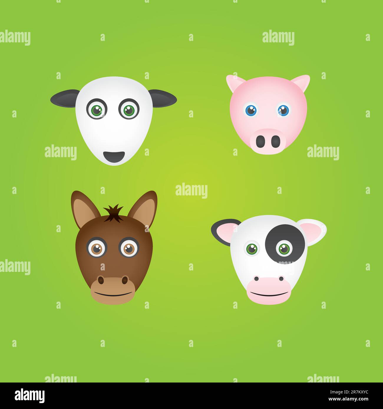 4 têtes d'animaux de ferme - mouton, cochon, cheval, vache. Illustration de Vecteur