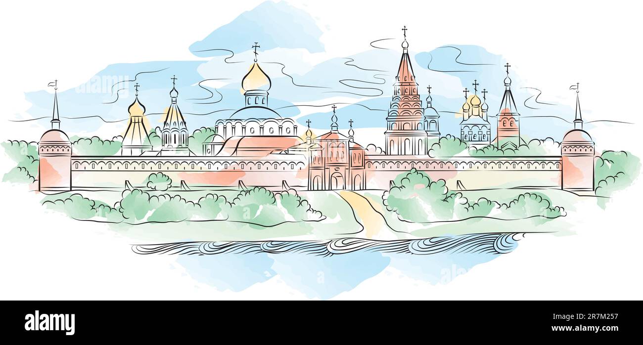 Le dessin en couleur du monastère russe et de la rivière, illustration vectorielle Illustration de Vecteur