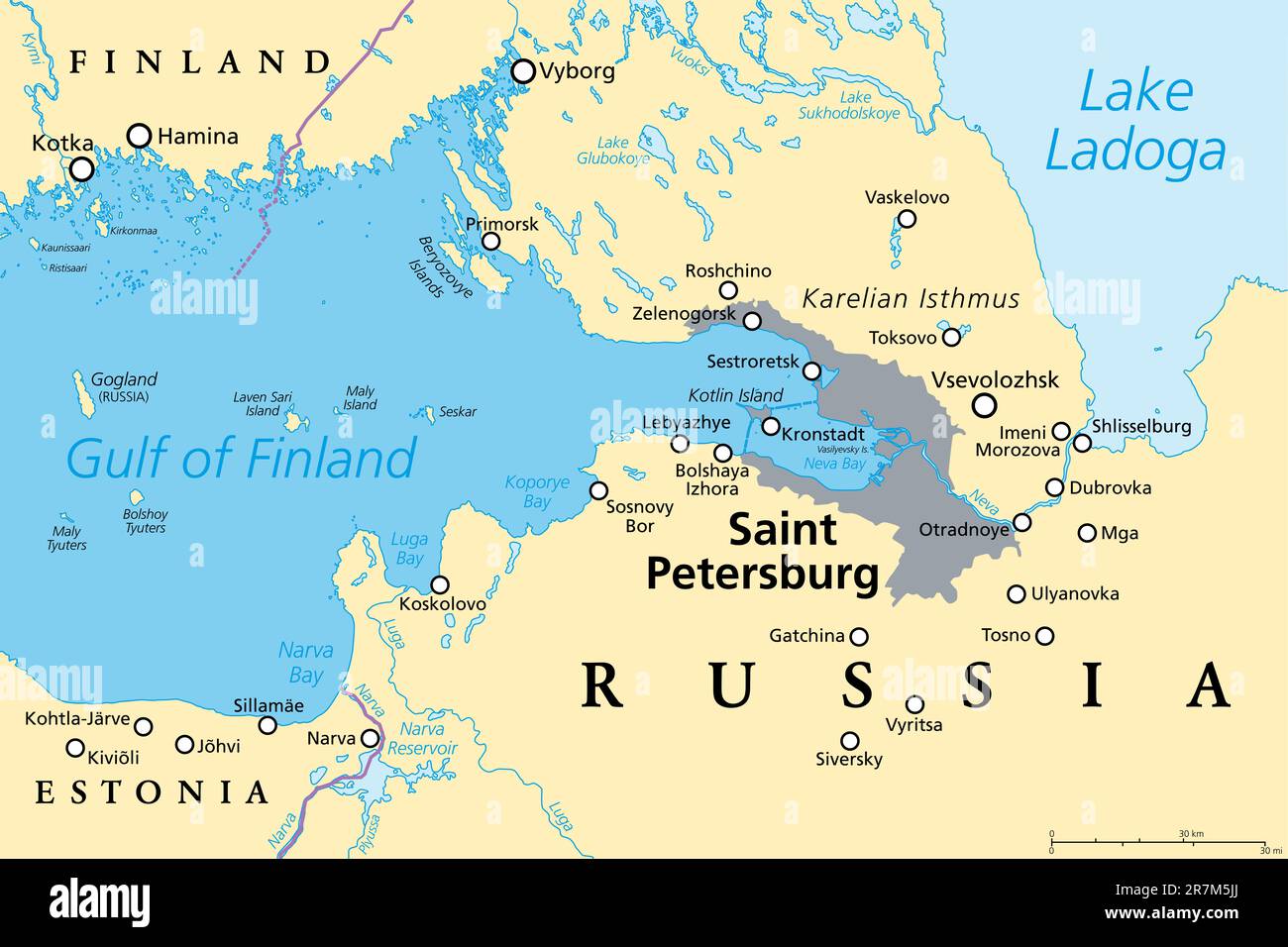 Région de Saint-Pétersbourg, carte politique. Deuxième plus grande ville de Russie, anciennement connue sous le nom de Petrograd et plus tard Leningrad. Situé sur la rivière Neva. Banque D'Images
