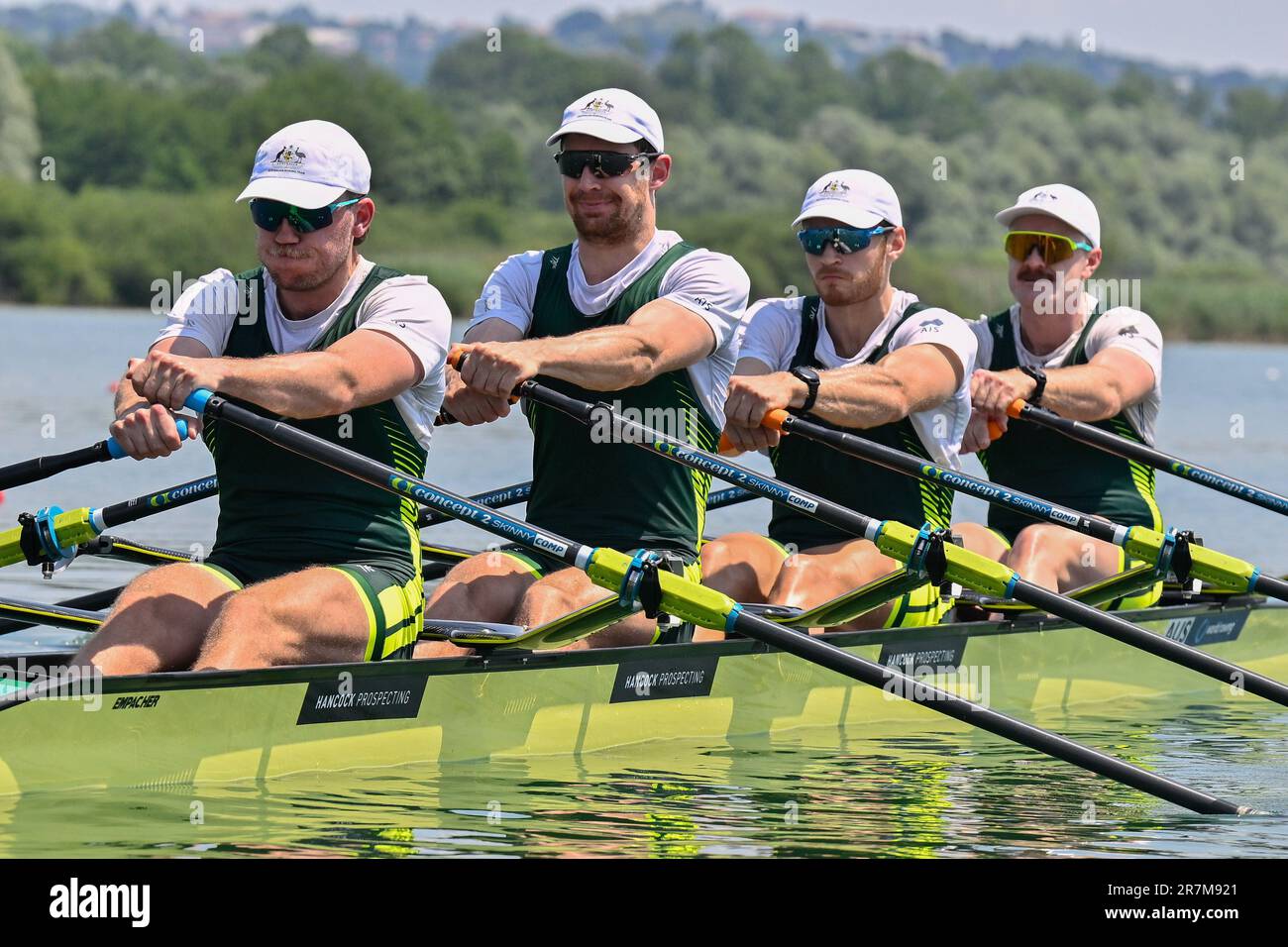 Varese, Italie. 16th juin 2023. Varèse, Varèse, Italie, 16 juin 2023, Culls quadruples hommes: Cormac Kennedy-Leverett - Campbell Watts - David Barthelot - Caleb Antill (AUS) pendant 2023 coupe d'aviron du monde II - Canoying crédit: Live Media Publishing Group/Alay Live News Banque D'Images