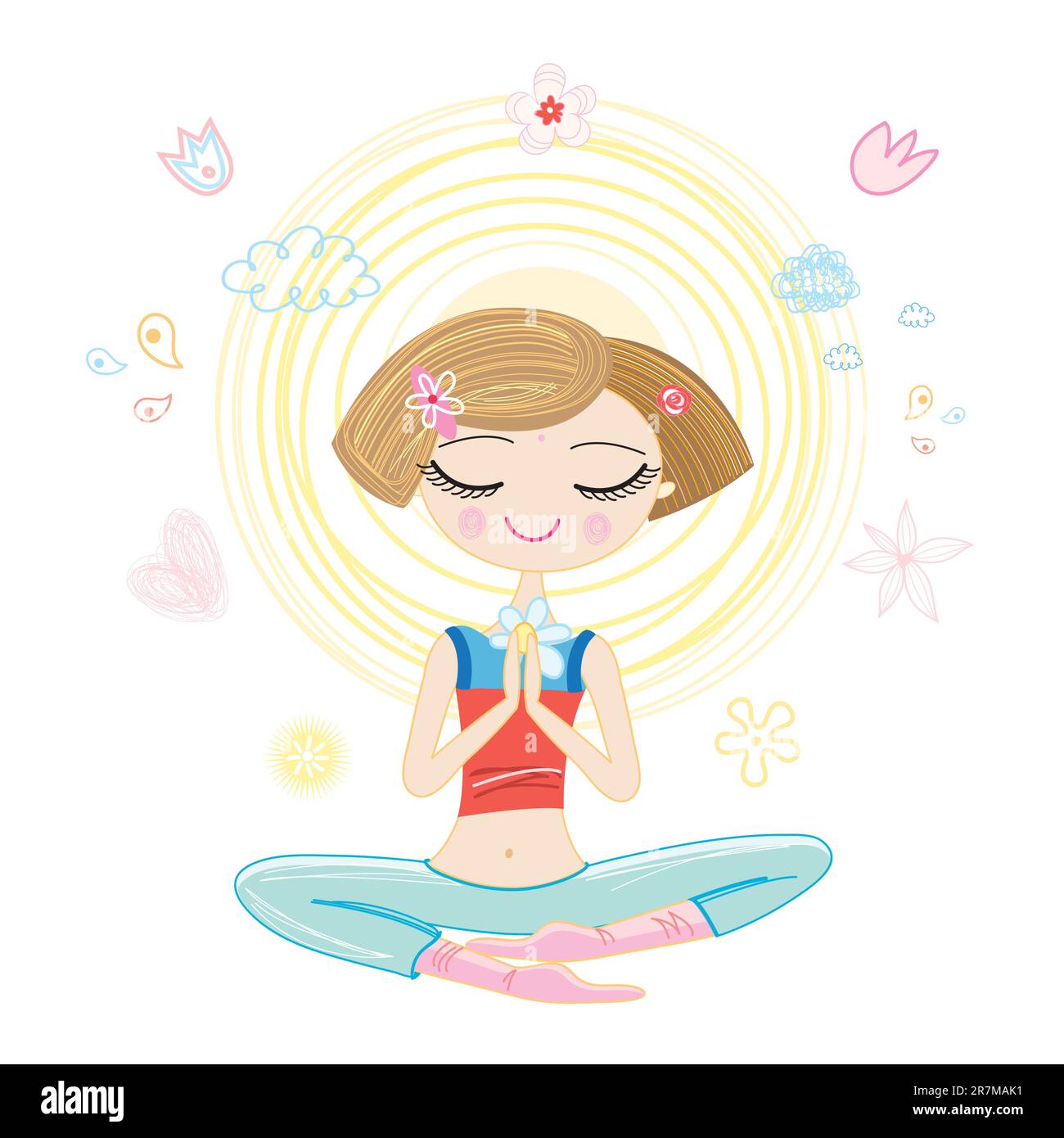 elle pratique le yoga sur fond blanc avec des fleurs et des nuages, le soleil Illustration de Vecteur