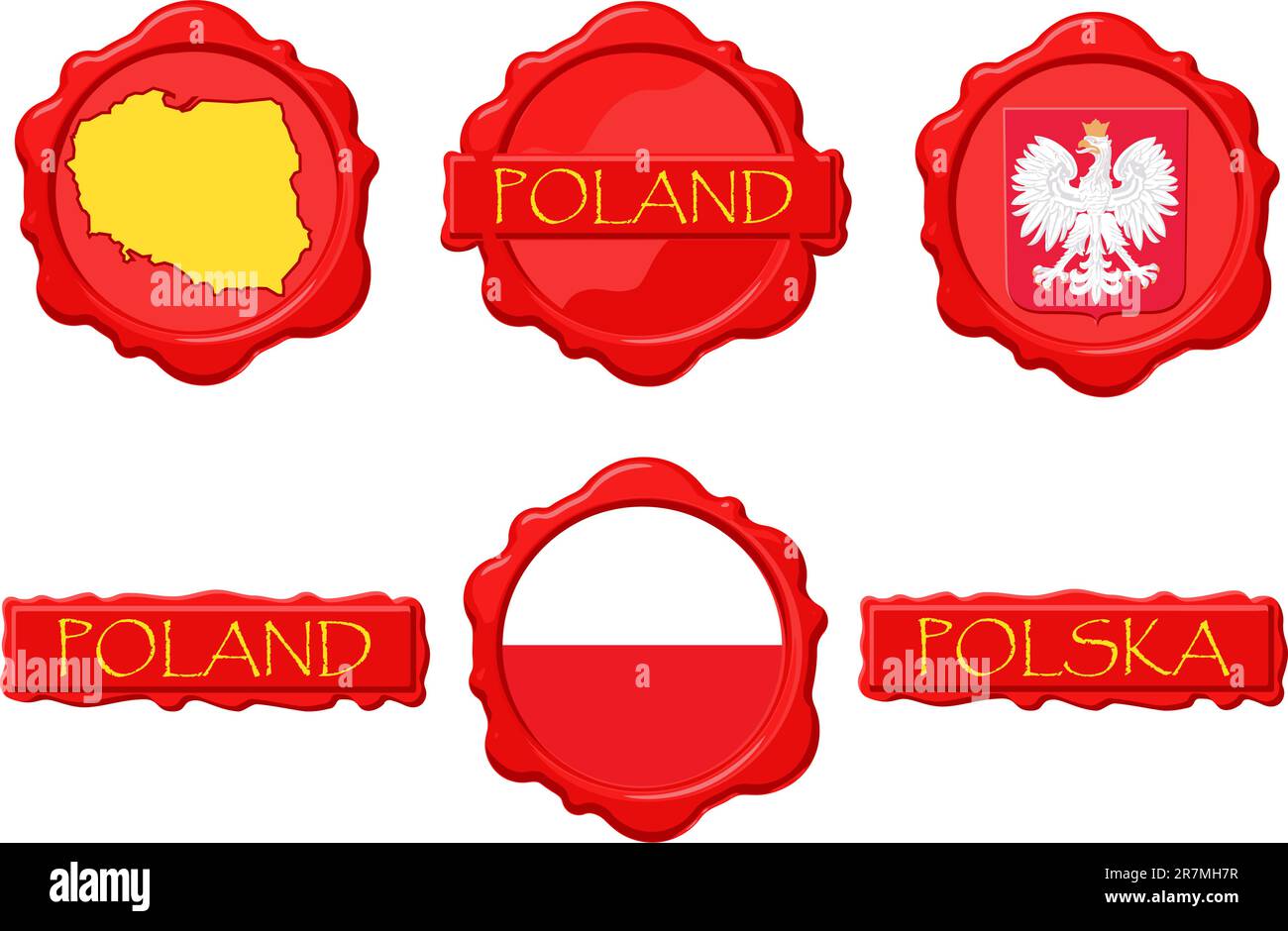 La Pologne timbres en cire avec drapeau, sceau, carte et nom. Illustration de Vecteur