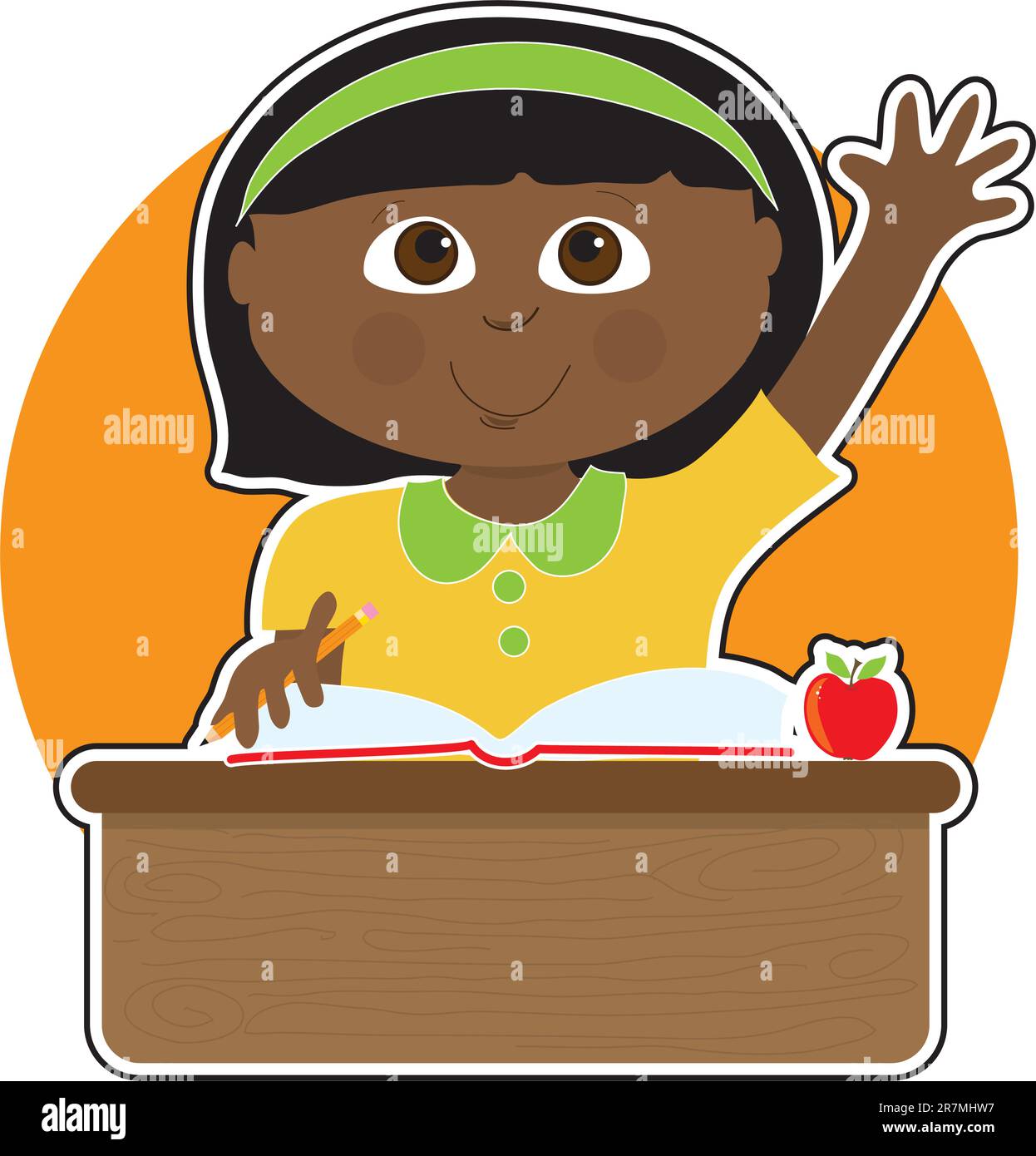 Une petite fille noire lève la main pour répondre à une question à l'école - il y a un livre et une pomme sur son bureau Illustration de Vecteur