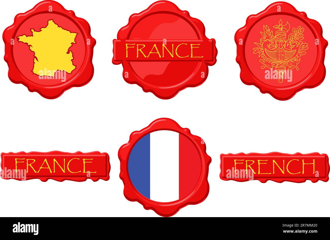 Timbres de cire de France avec drapeau, sceau, carte et nom. Illustration de Vecteur