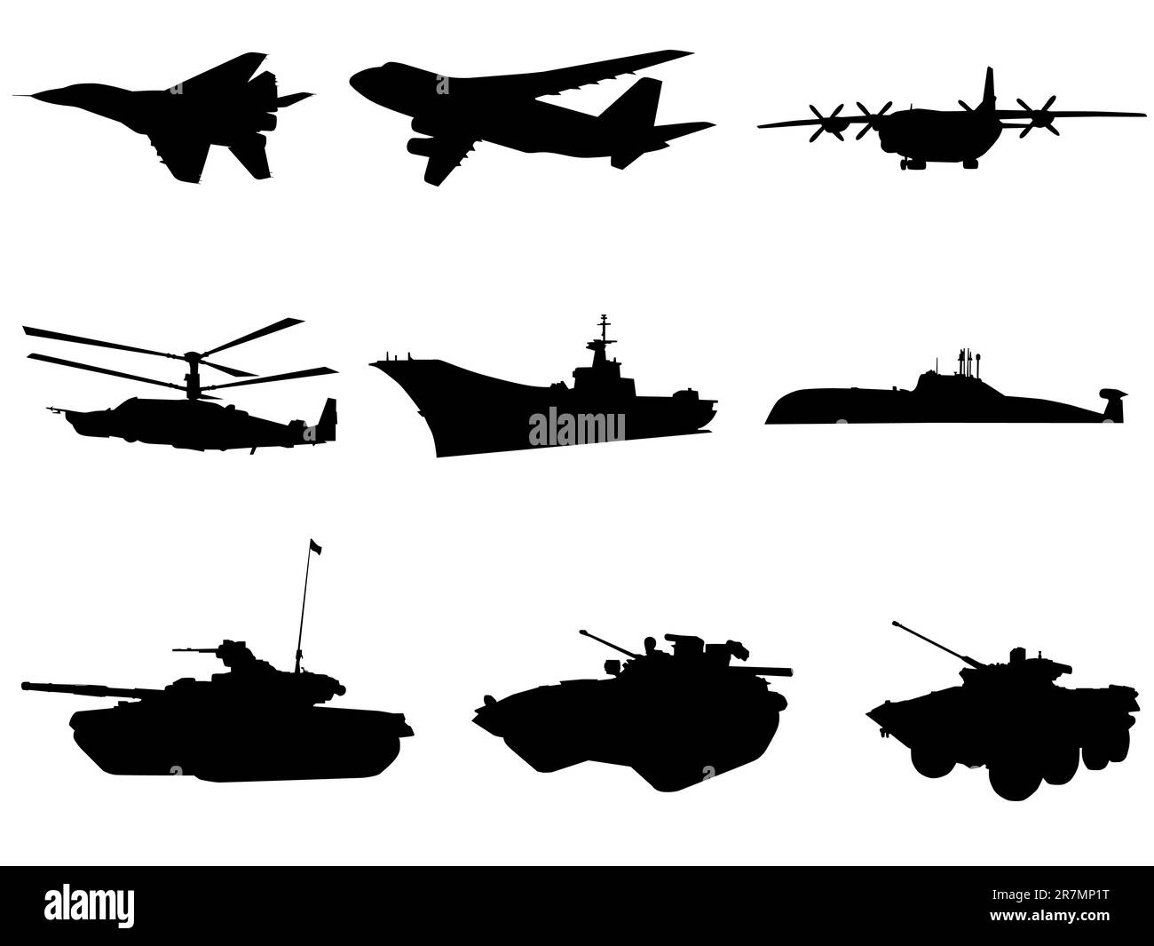Silhouettes de techniques militaires de différentes armes de combat Illustration de Vecteur