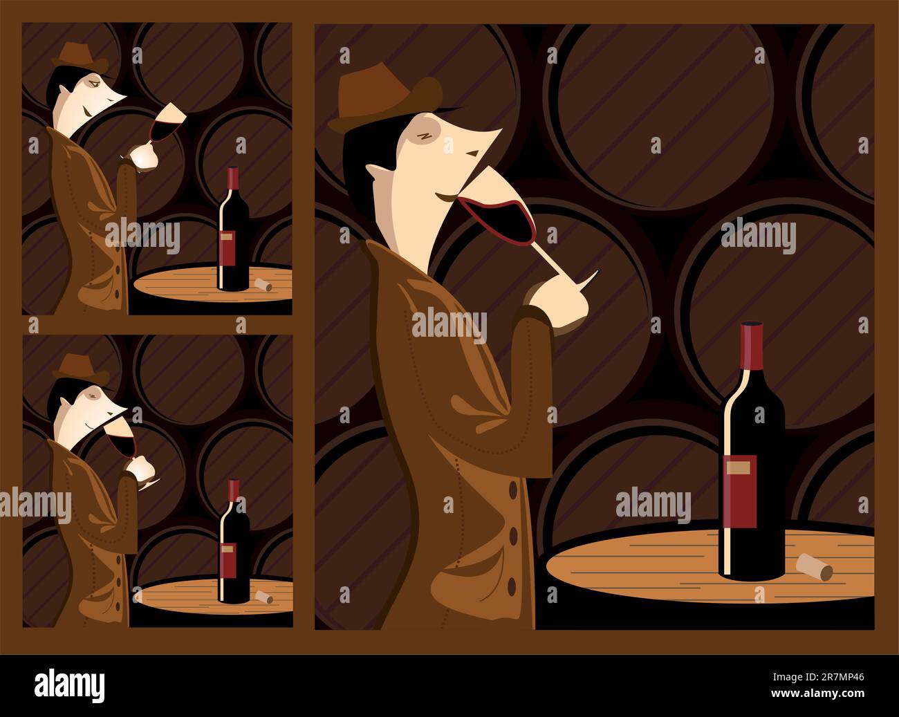 Les trois étapes de la dégustation d'une cave à vin avec une cave à vin comme scène. Les trois étapes sont la vue, l'odeur et le goût. Illustration de Vecteur