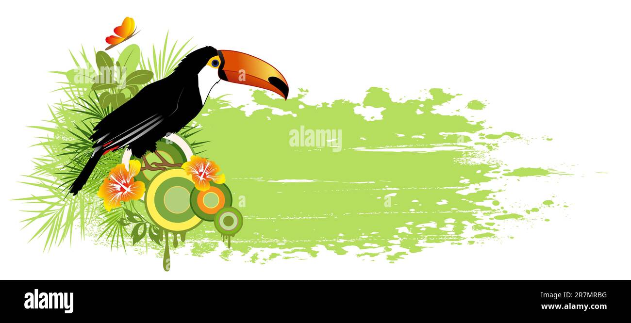 Bannière d'été avec des oiseaux tropicaux, palmiers et effet grunge Illustration de Vecteur