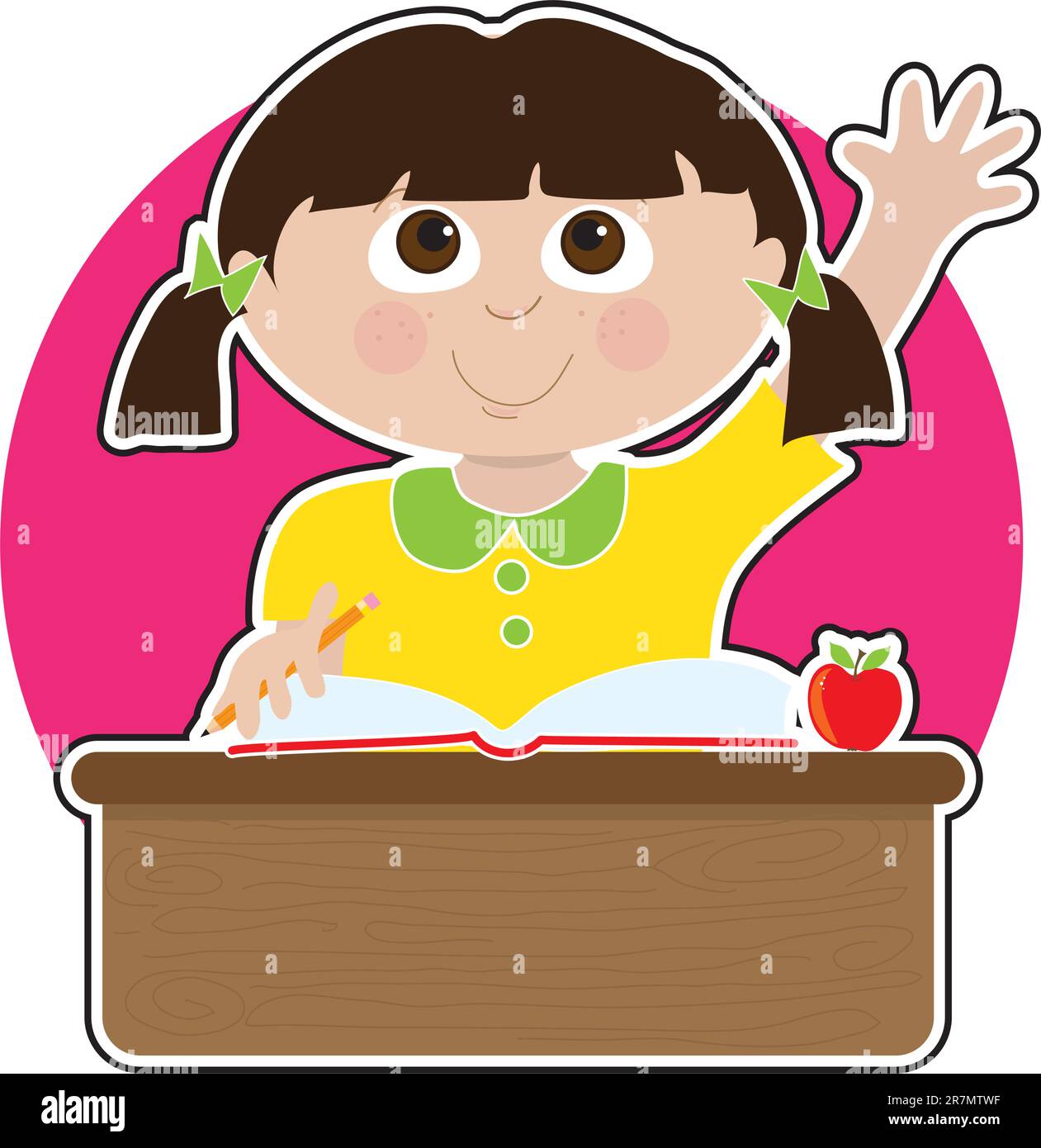 Une petite fille lève la main pour répondre à une question à l'école - il y a un livre et une pomme sur son bureau Illustration de Vecteur