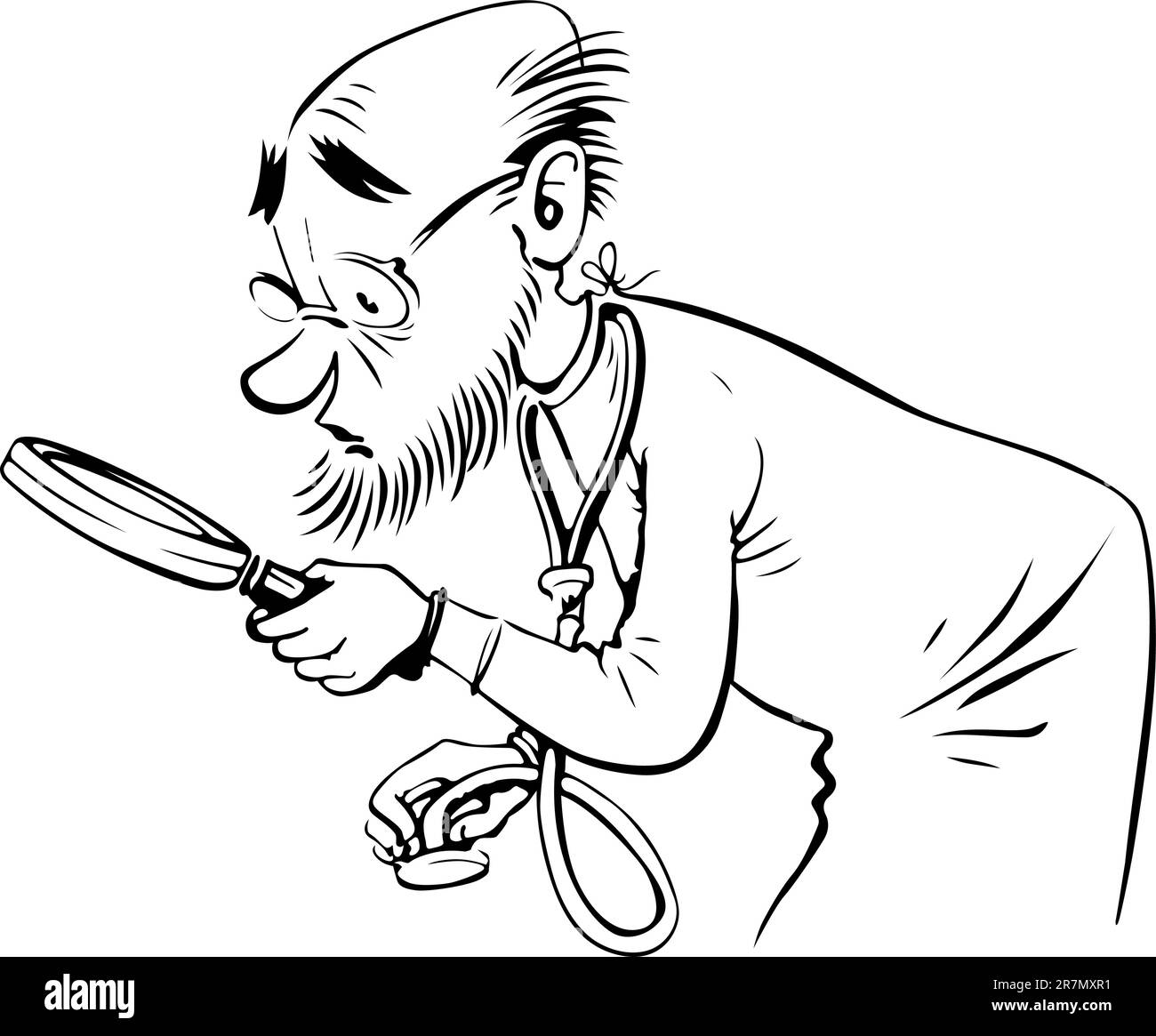 Médecin regardant à travers une loupe sur blanc Illustration de Vecteur