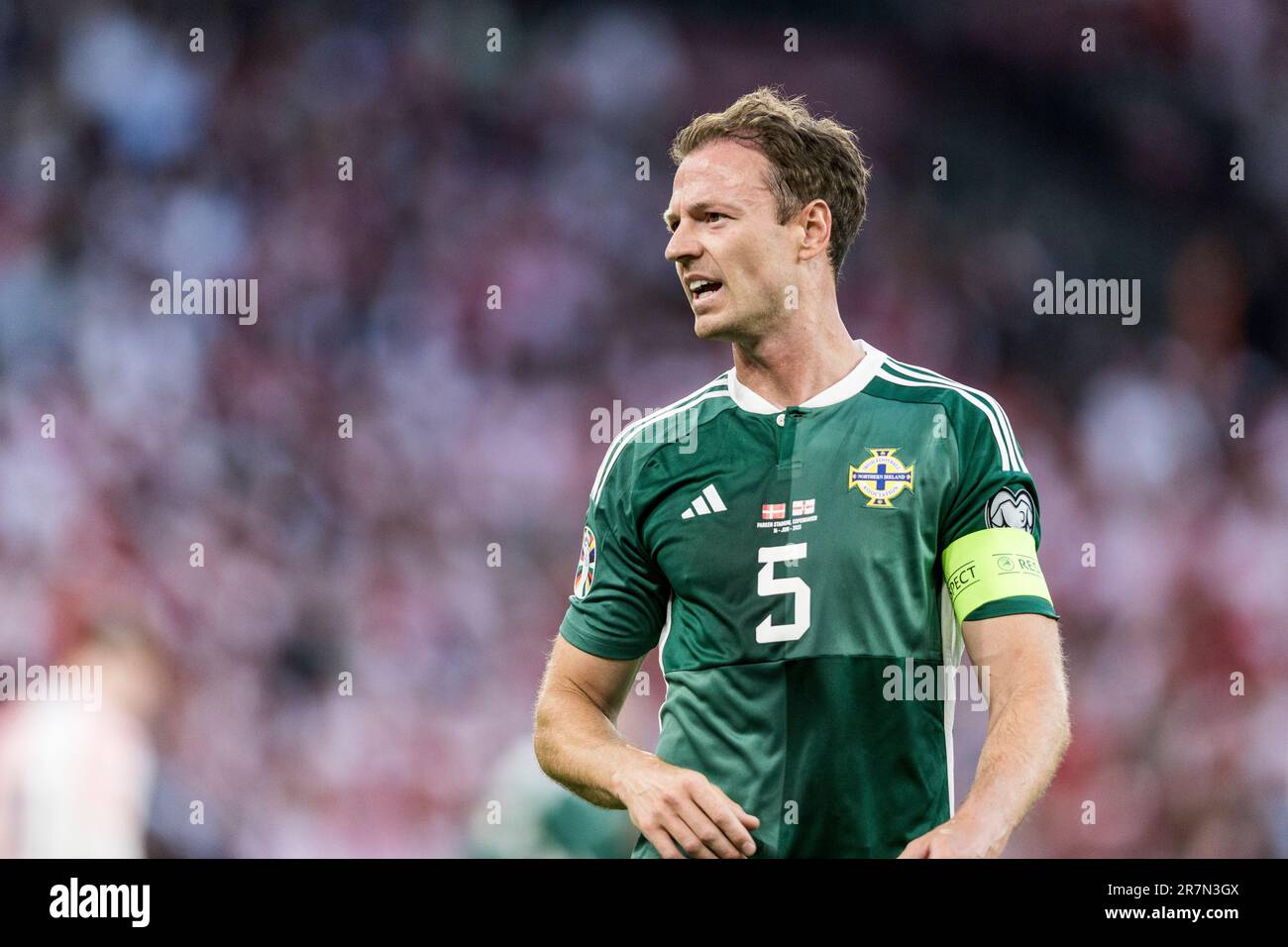 Copenhague, Danemark. 16th juin 2023. Jonny Evans (5), d'Irlande du Nord, vu lors du match de qualification de l'UEFA Euro 2024 entre le Danemark et l'Irlande du Nord à Parken à Copenhague. (Crédit photo : Gonzales photo/Alamy Live News Banque D'Images