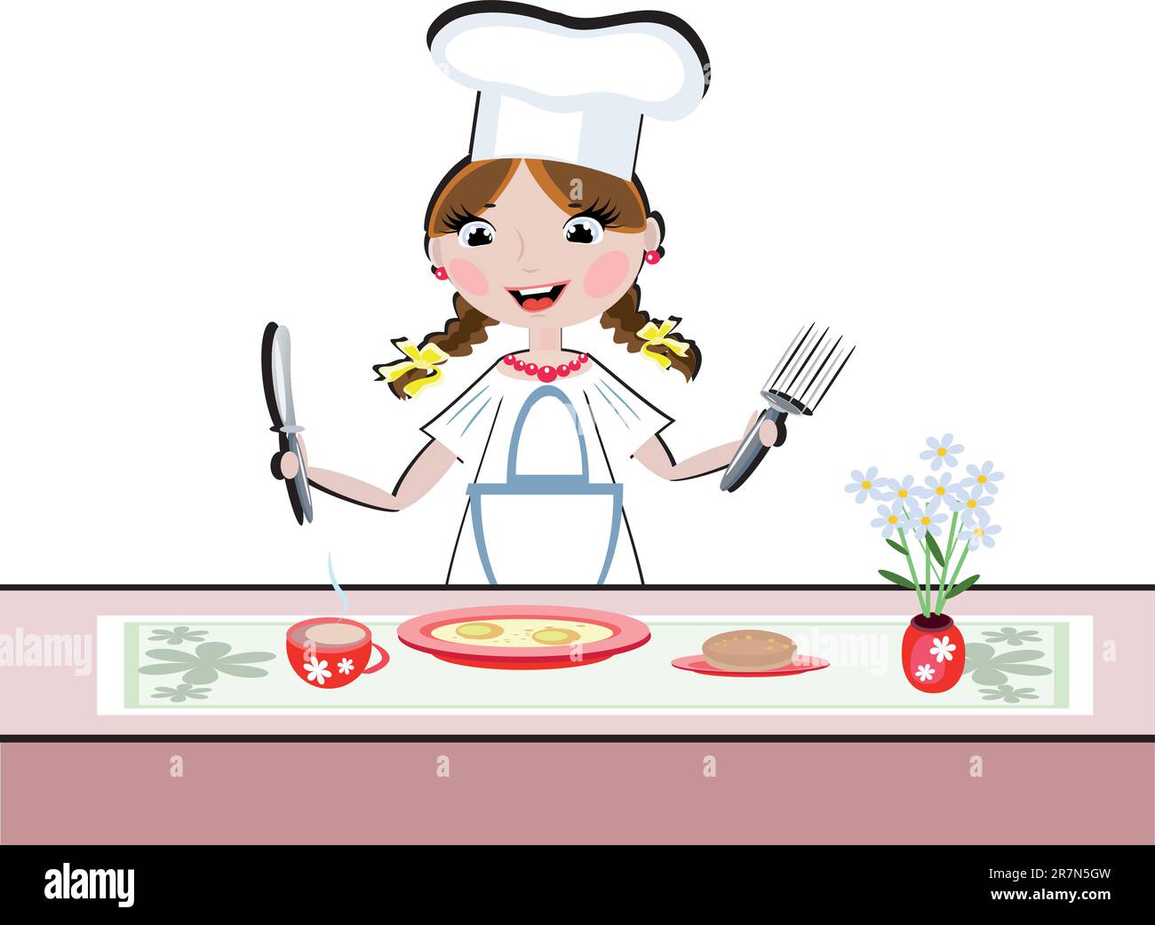 Une fille cuisine avec le petit déjeuner Illustration de Vecteur