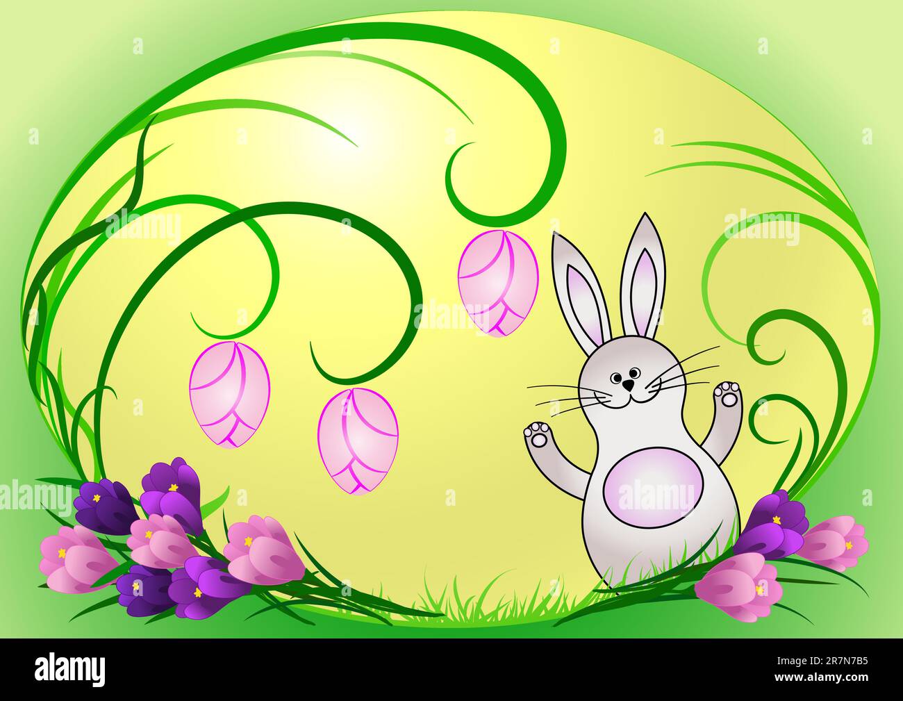 Oeuf de Pâques peint avec lui le lapin de Noël et les lames d'herbe, le crocus de printemps à côté de lui Illustration de Vecteur