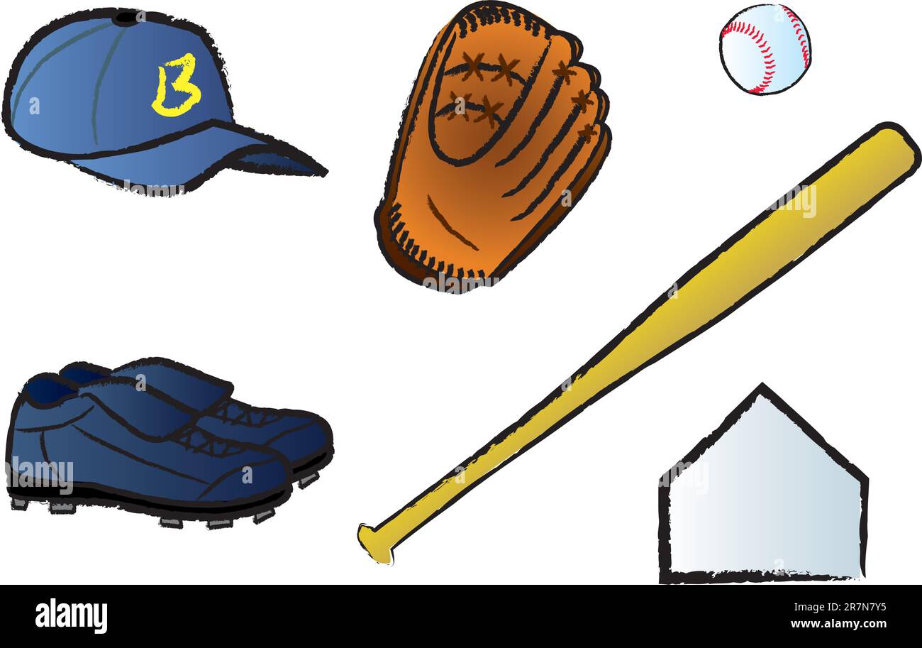 Articles communs utilisés pour jouer le jeu américain de baseball. Illustration de Vecteur