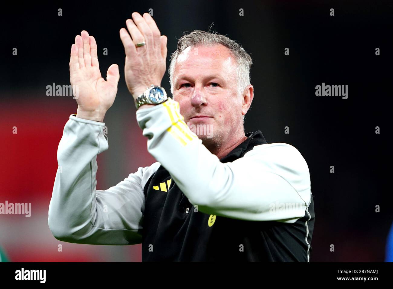 Michael O'Neill, entraîneurchef de Norther Ireland, applaudit les fans