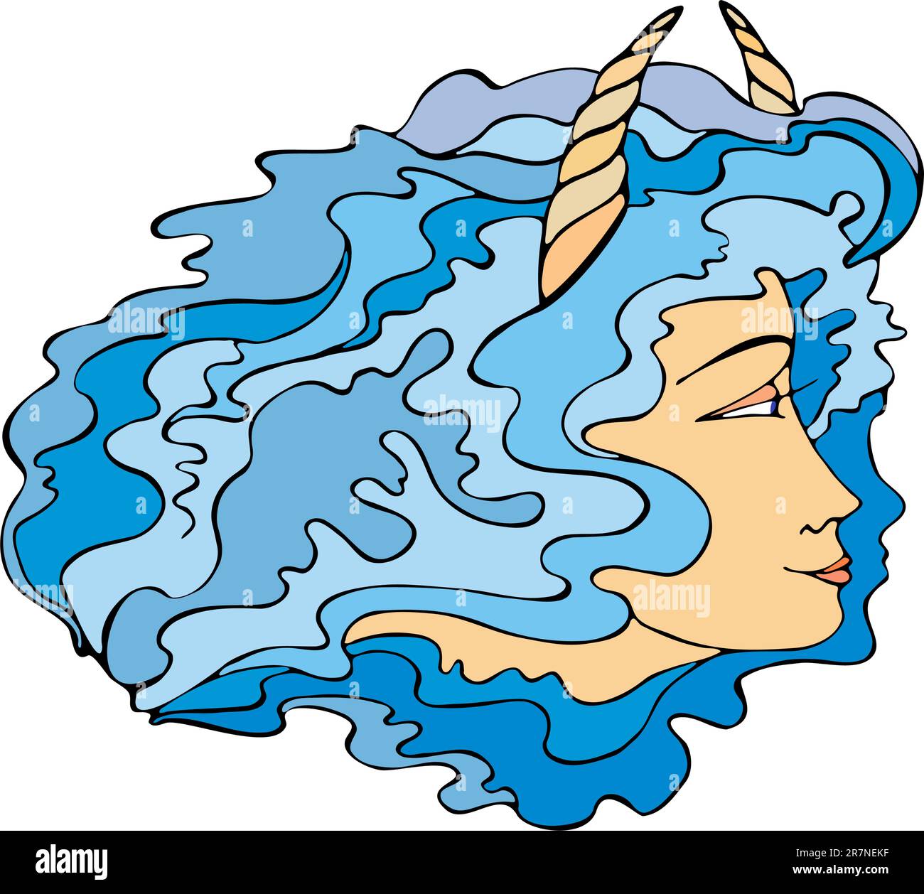 Visage de fille dans un profil avec des cheveux bleu foncé. Panneau sur le Taureau de zodiaque Illustration de Vecteur