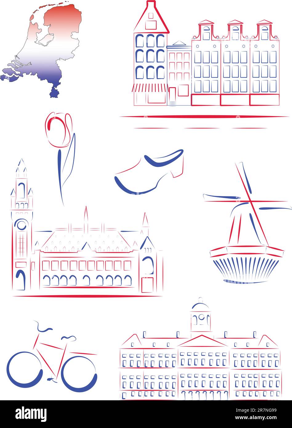 Ensemble de sites stylisés dessinés par vecteur et de symboles des pays-Bas Illustration de Vecteur