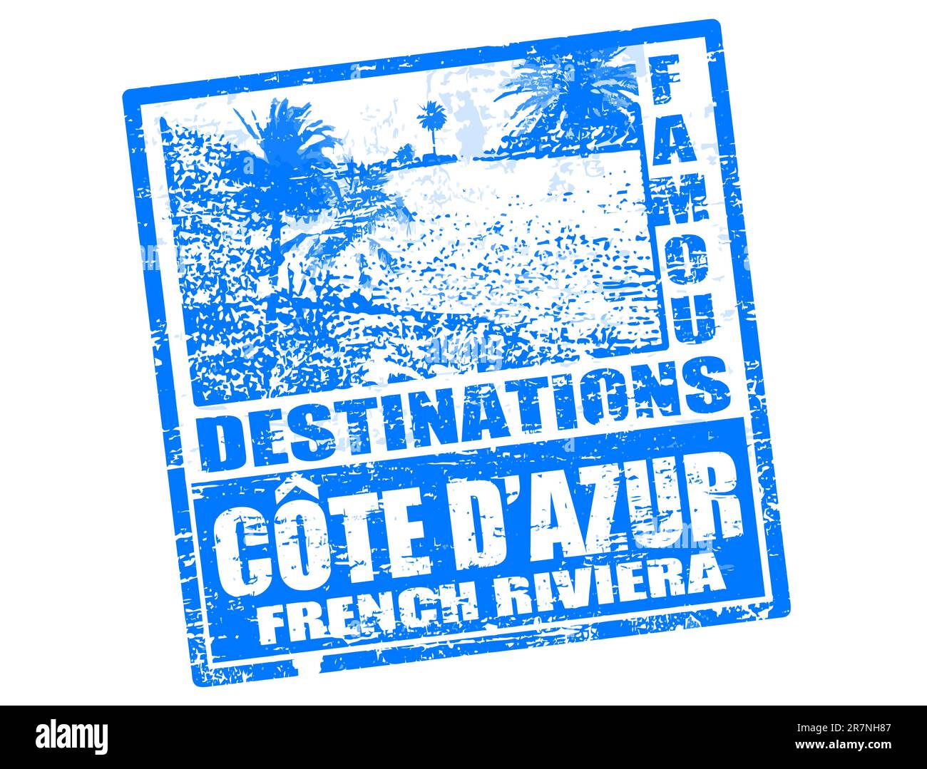 Timbre en caoutchouc grunge avec plage, palmiers et le mot Côte d'Azur à l'intérieur, illustration vectorielle Illustration de Vecteur
