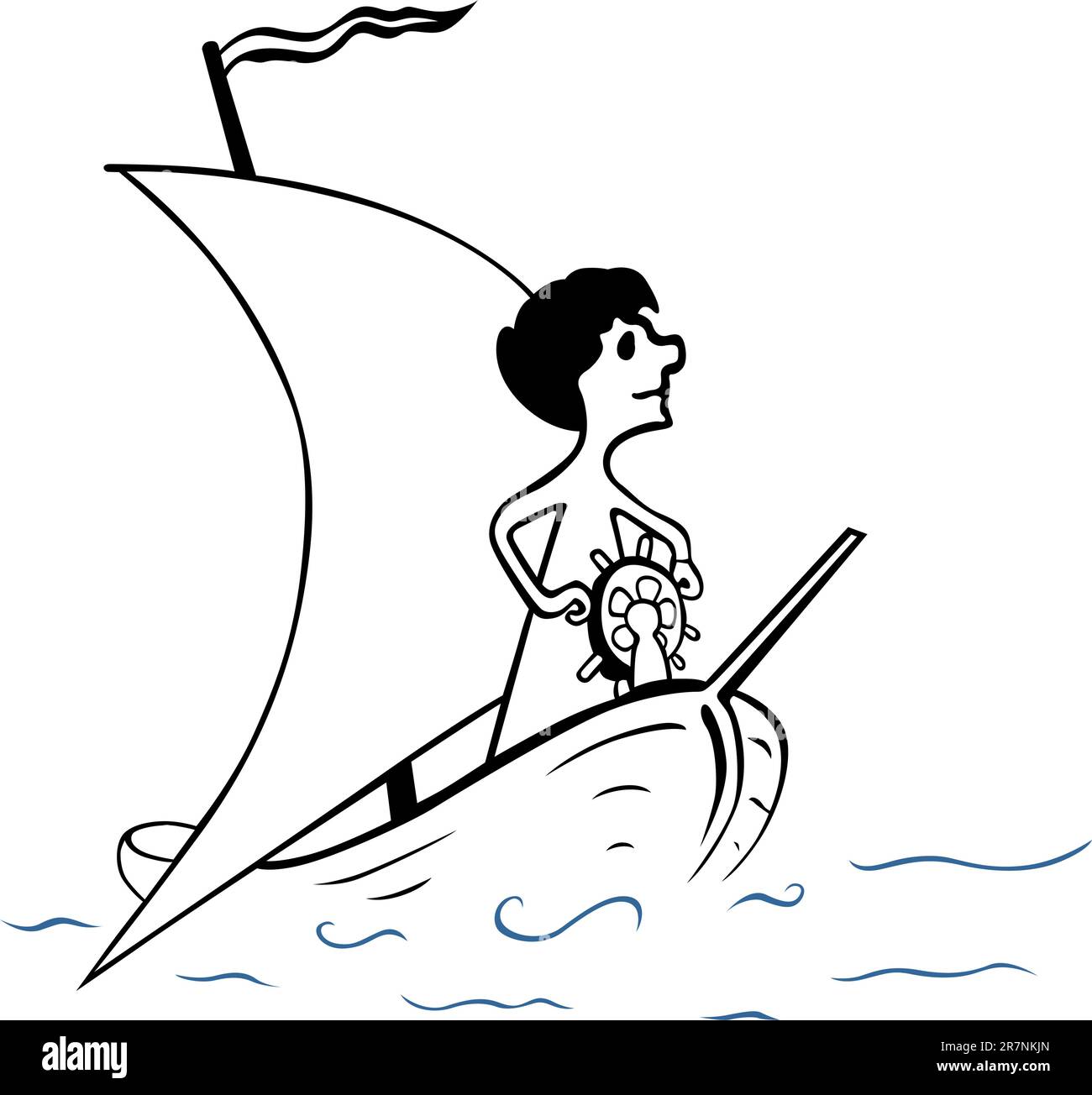 Homme à la roue orientable sur un navire en mer sur blanc Illustration de Vecteur