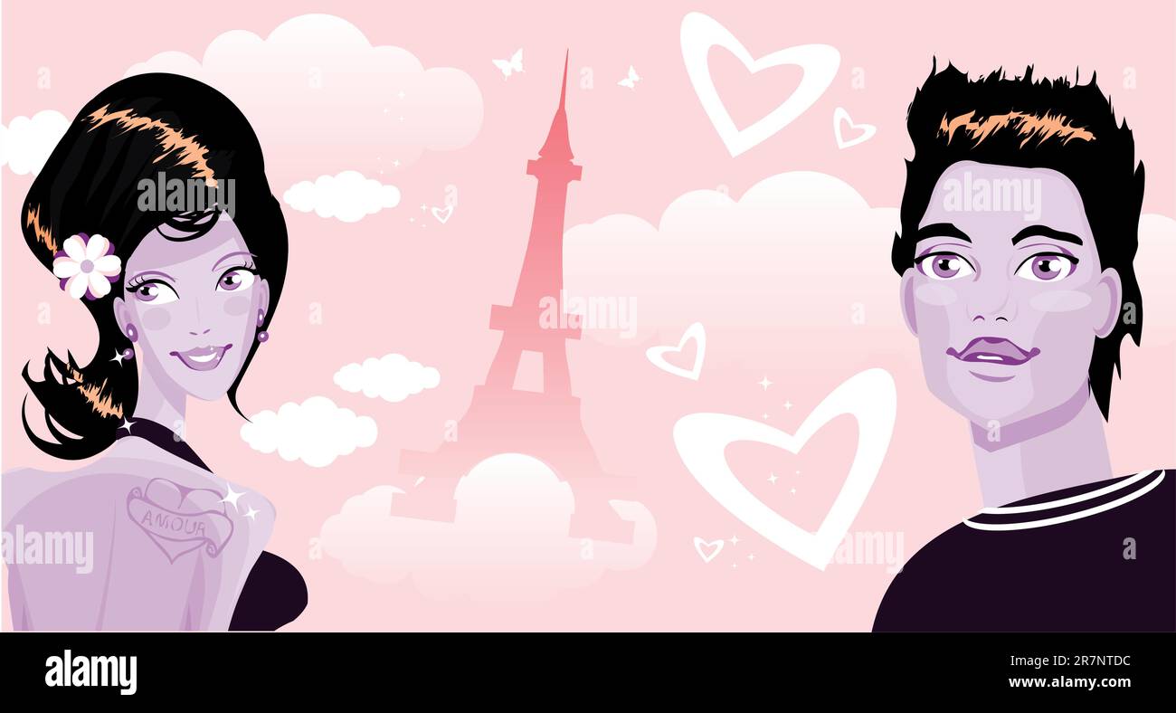 Couple d'amour à Paris homme et femme avec coeur dans ciel France Illustration de Vecteur