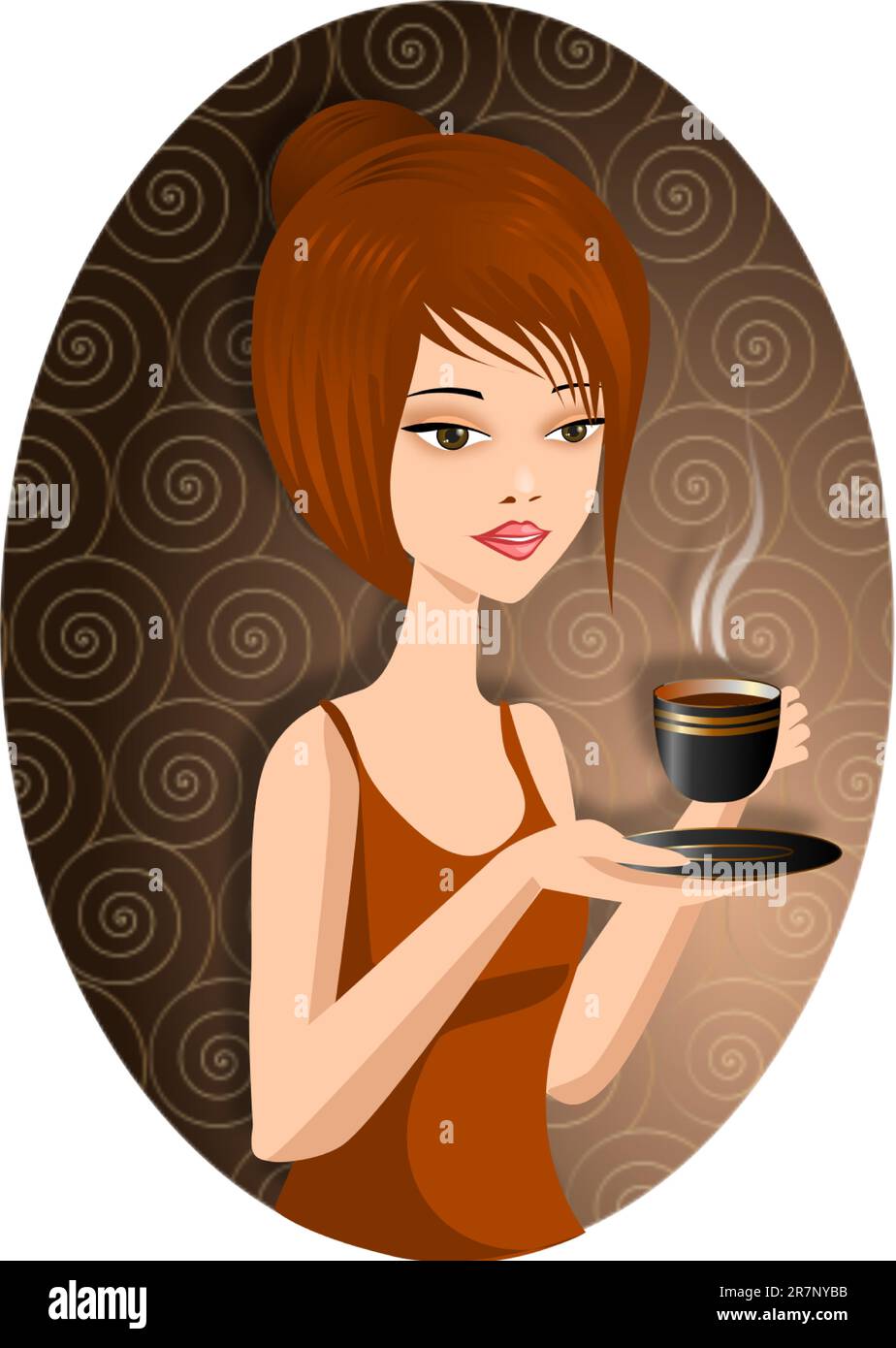 Une jolie femme avec une tasse de café chaud. Illustration de Vecteur
