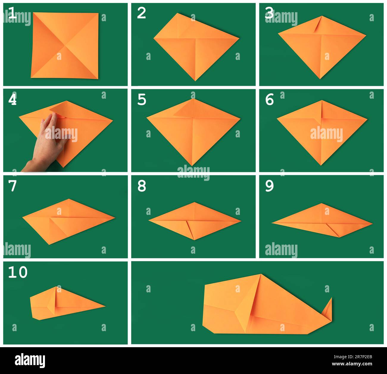 Art origami Réalisation de baleines en papier orange étape par étape, collage de photos sur fond vert Banque D'Images