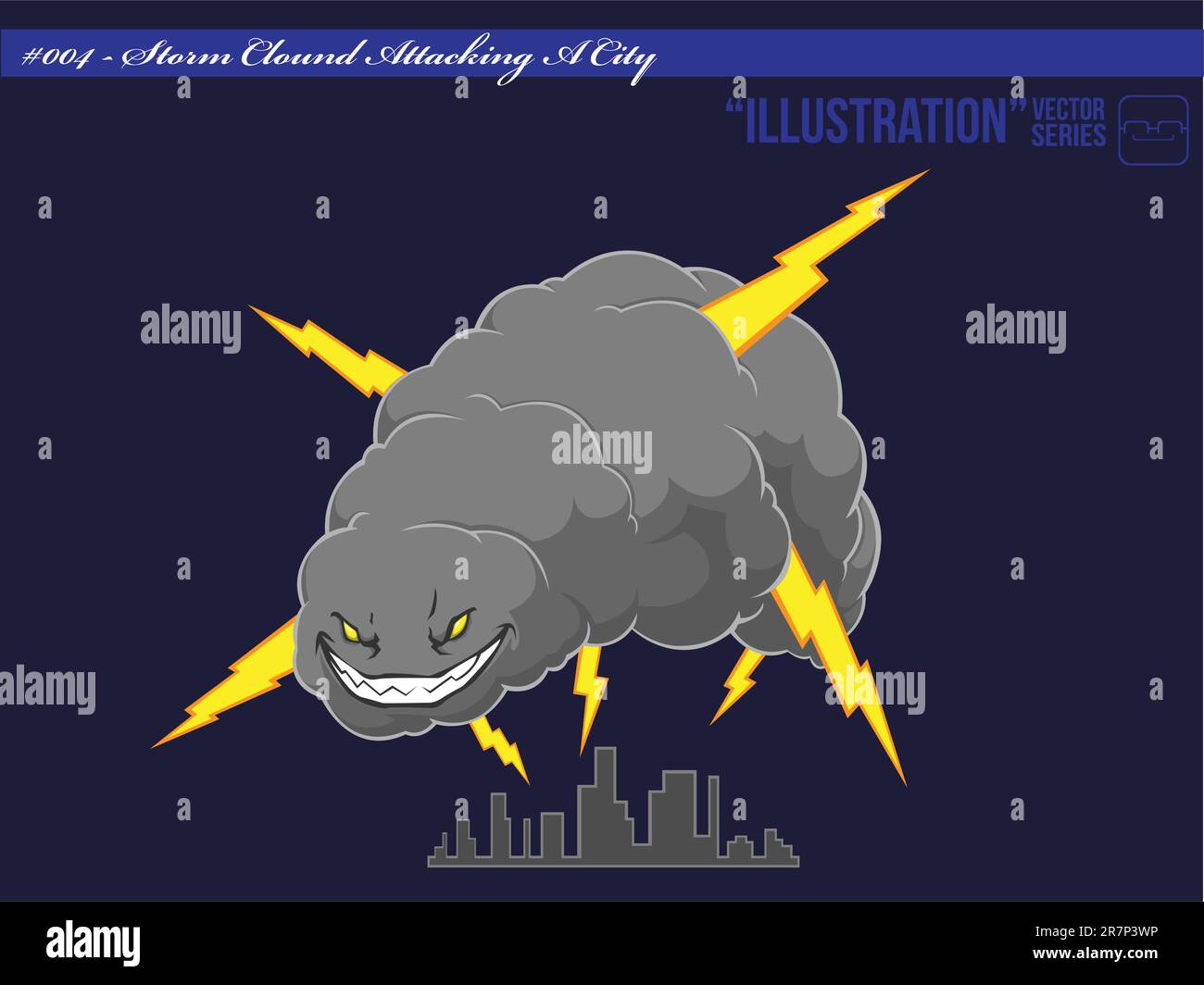 Vecteur d'un nuage de tempête de mauvaise bande dessinée émettant des éclairs sur une ville. Ce vecteur s'inspire de la tempête Irene qui a attaqué New York pas lo... Illustration de Vecteur