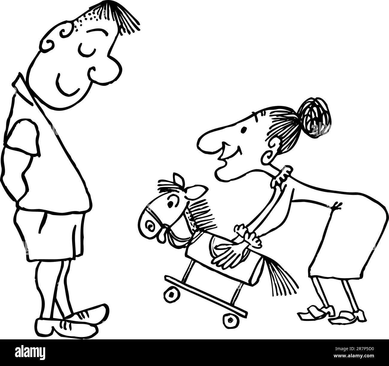 Mère donnant gros fils jouet cheval Illustration de Vecteur