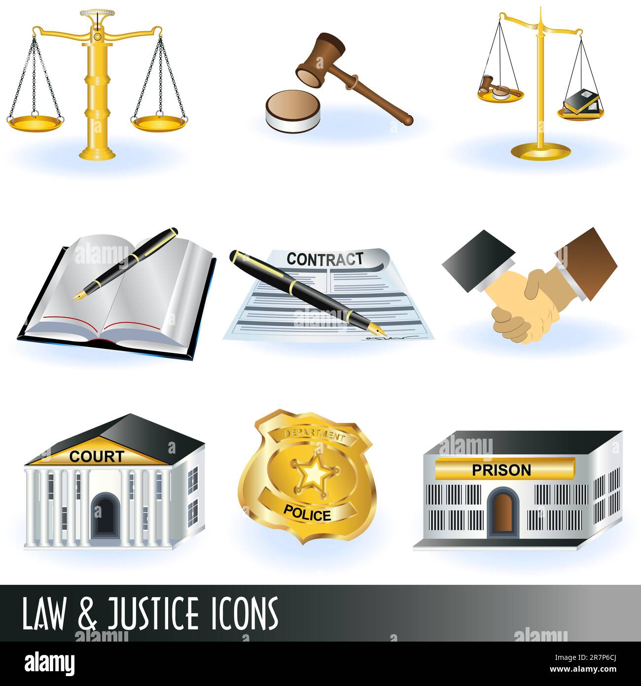 Ensemble de 9 illustrations différentes d'icônes de droit et de justice. Illustration de Vecteur