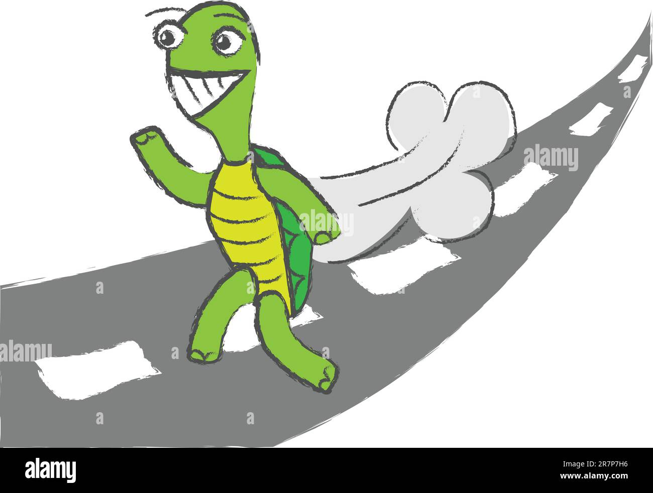 Une tortue cartoon qui court rapidement sur une route. Illustration de Vecteur