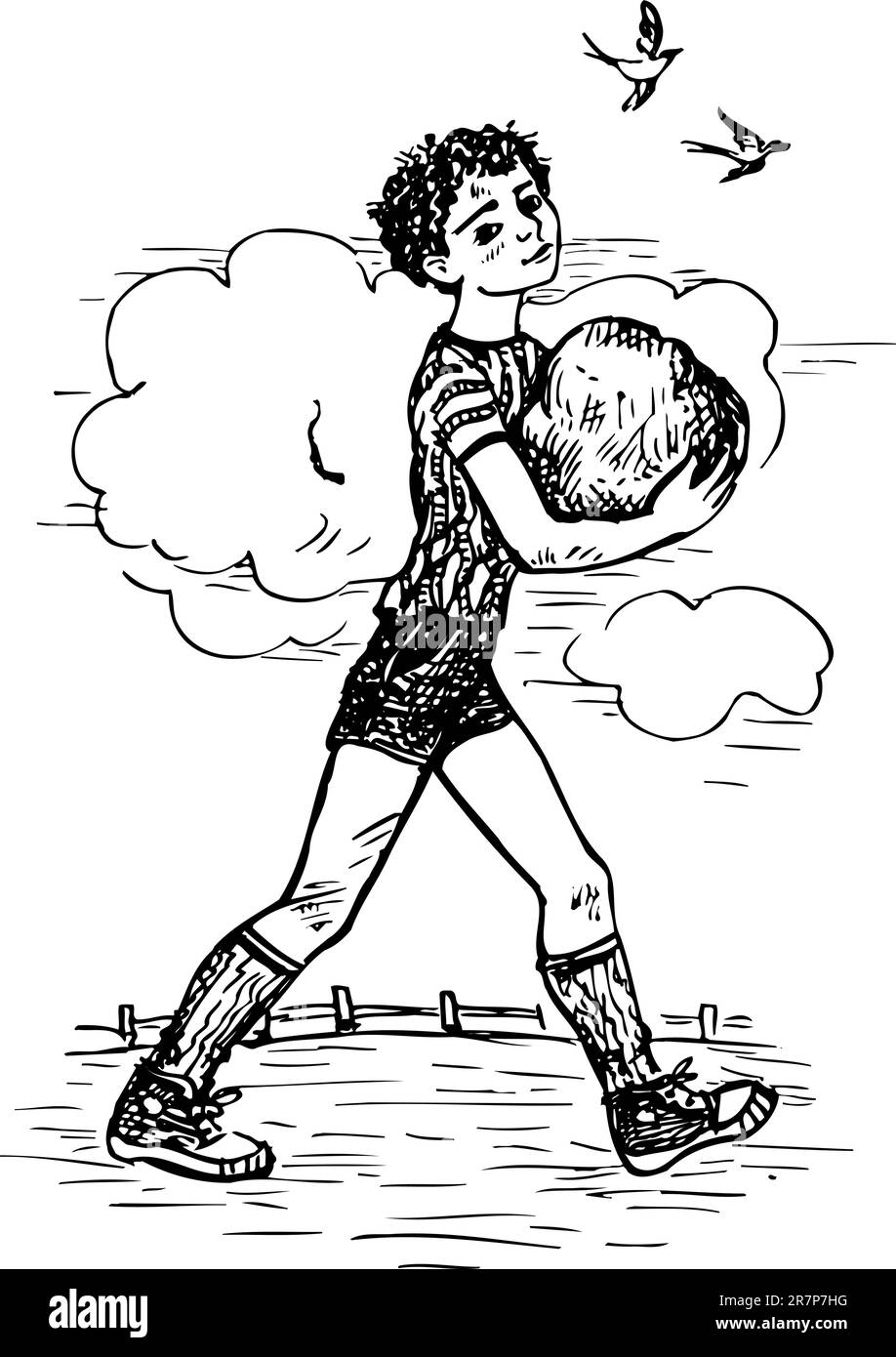 Garçon avec la pierre dans ses mains marchant Illustration de Vecteur