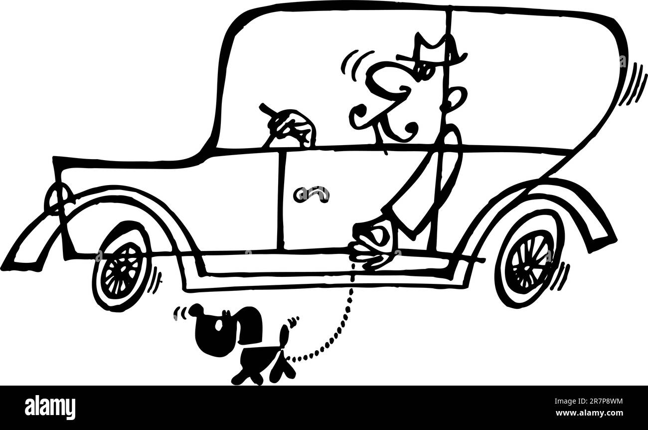 Homme volant dans la voiture et son chien courant sur blanc Illustration de Vecteur