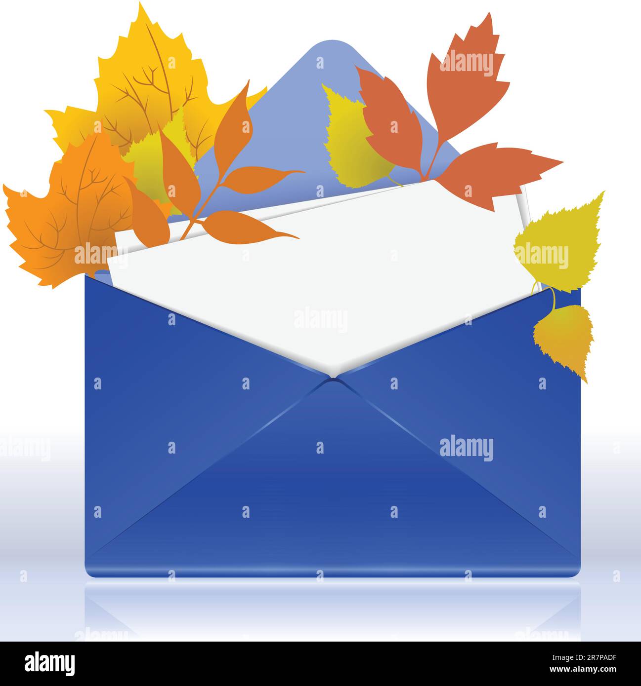 enveloppe bleue ouverte avec feuilles blanches et feuillage d'automne Illustration de Vecteur