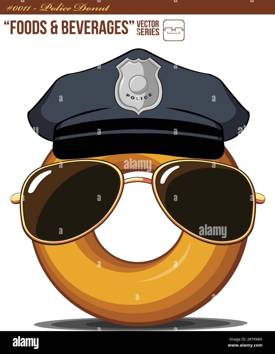 Vecteur isolé d'un donut de bande dessinée portant un chapeau de police et des lunettes de soleil. Bon pour de nombreuses applications, en particulier pour le logo et le caractère, Hat et su... Illustration de Vecteur