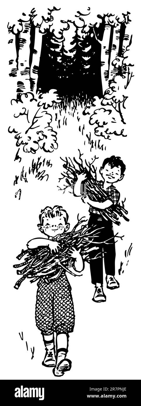 Les garçons portent du bois pour le feu Illustration de Vecteur
